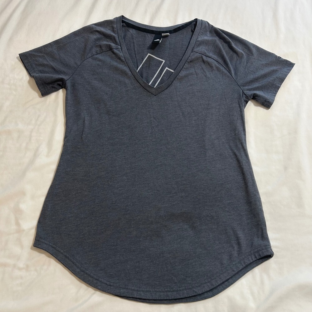 Adidas Womens V-Neck‎ Graphic T-Shirt Gray Heathered Curved Hem Size Small